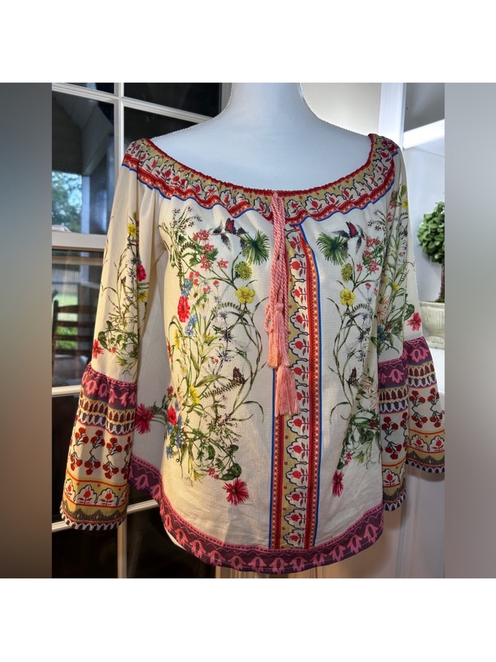 Umgee Floral Top Blouse Boho 3/4 Bell Sleeves Women’s Peasant Top Size Small